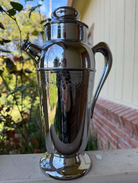 Vintage Art Deco Chrome Cocktail Shaker with Etched Grapevine Design